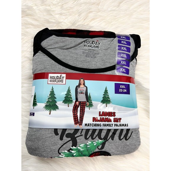 Pajama Holiday Merry Bright Red Truck Check Print Pajamas 2 Piece Long Sleeve - Picture 3 of 7